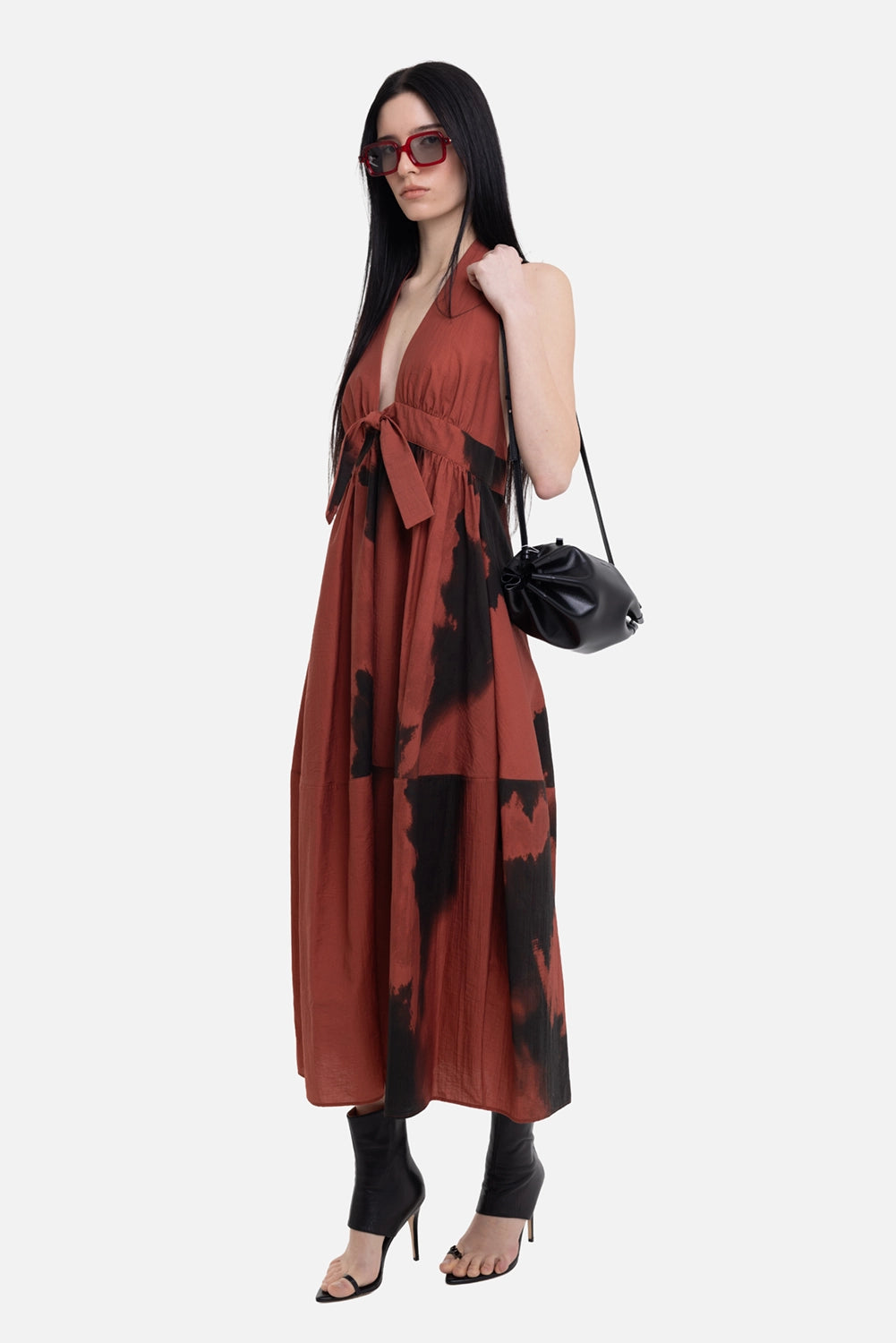 Gentry Portofino women's halterneck dress in cipolla, on-model full length, gathered bust and smoky print