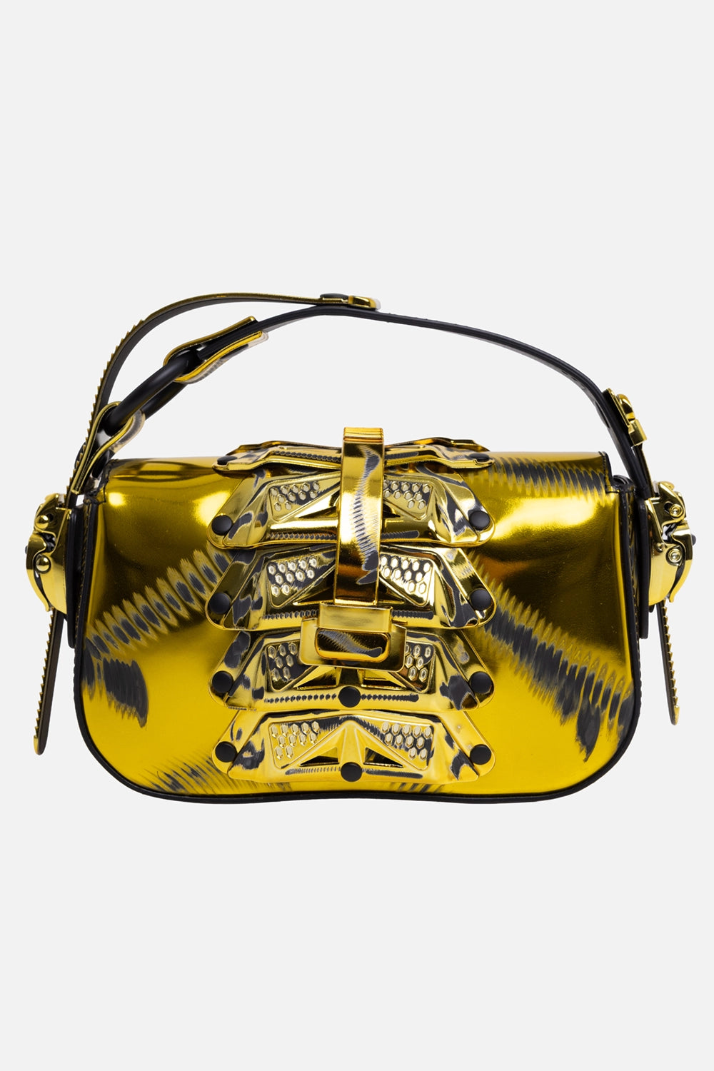 Innerraum women's handbag in acid gold, back view with curved top handle and raised geometric panelling