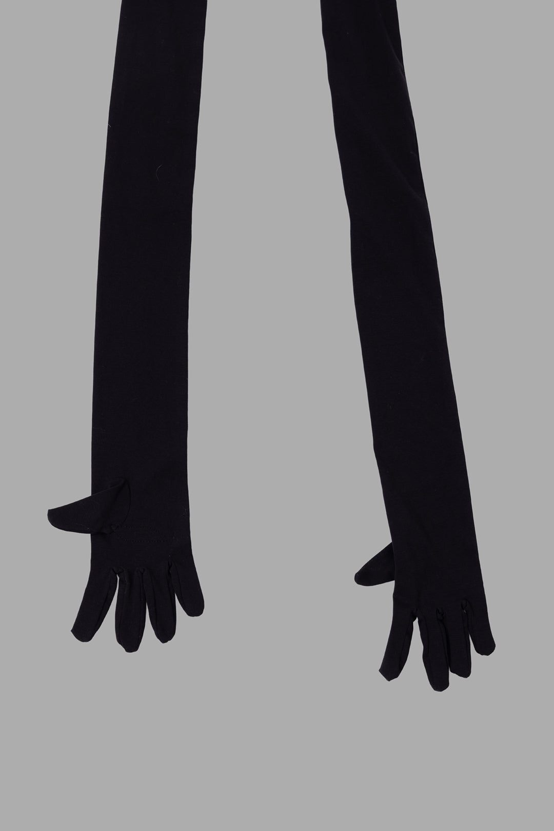 Natasha Zinko unisex black hands scarf, close-up of both glove ends, slim cotton jersey fingers