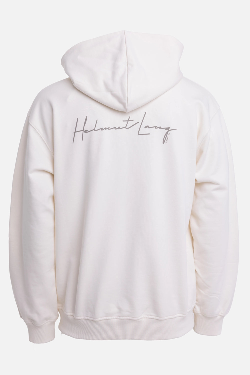 Helmut Lang men's hoodie in vintage white, back view, oversized handwritten logo print