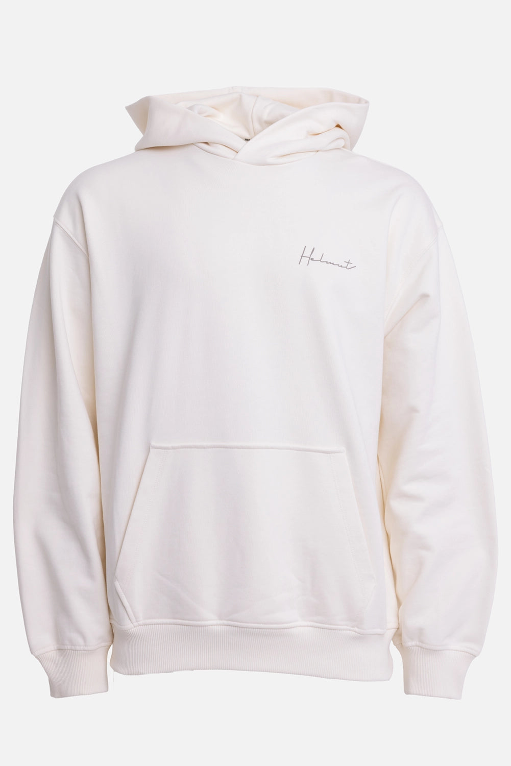 Helmut Lang men's hoodie in vintage white, front view, small chest script logo and kangaroo pocket