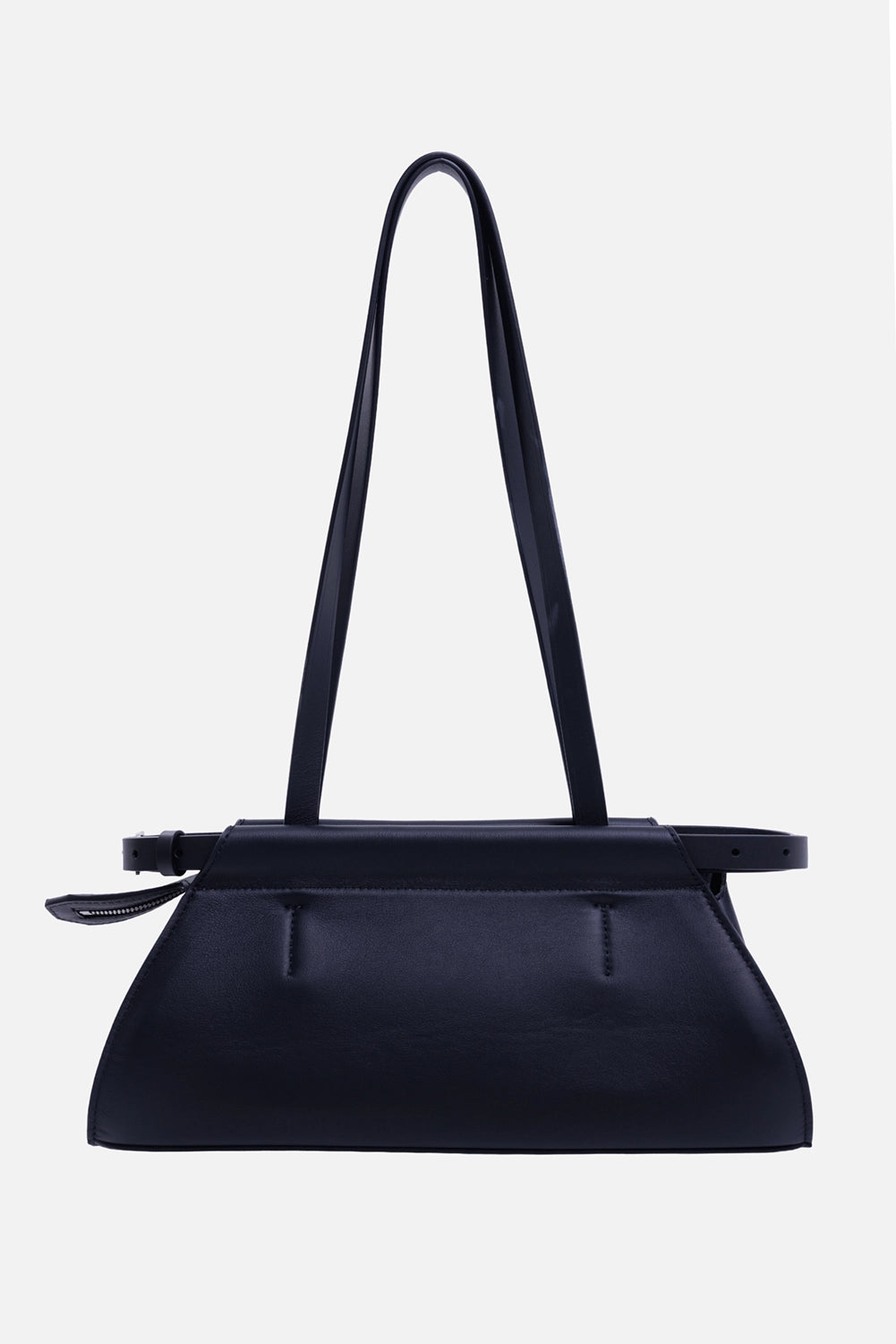 Ann Demeulemeester Harm shoulder bag in black, back view with clean leather panel and long twin straps
