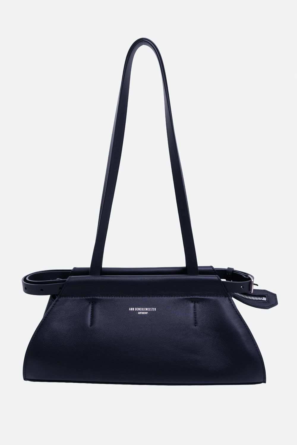 Ann Demeulemeester Harm shoulder bag in black, front view with long straps, wraparound belt and silver logo
