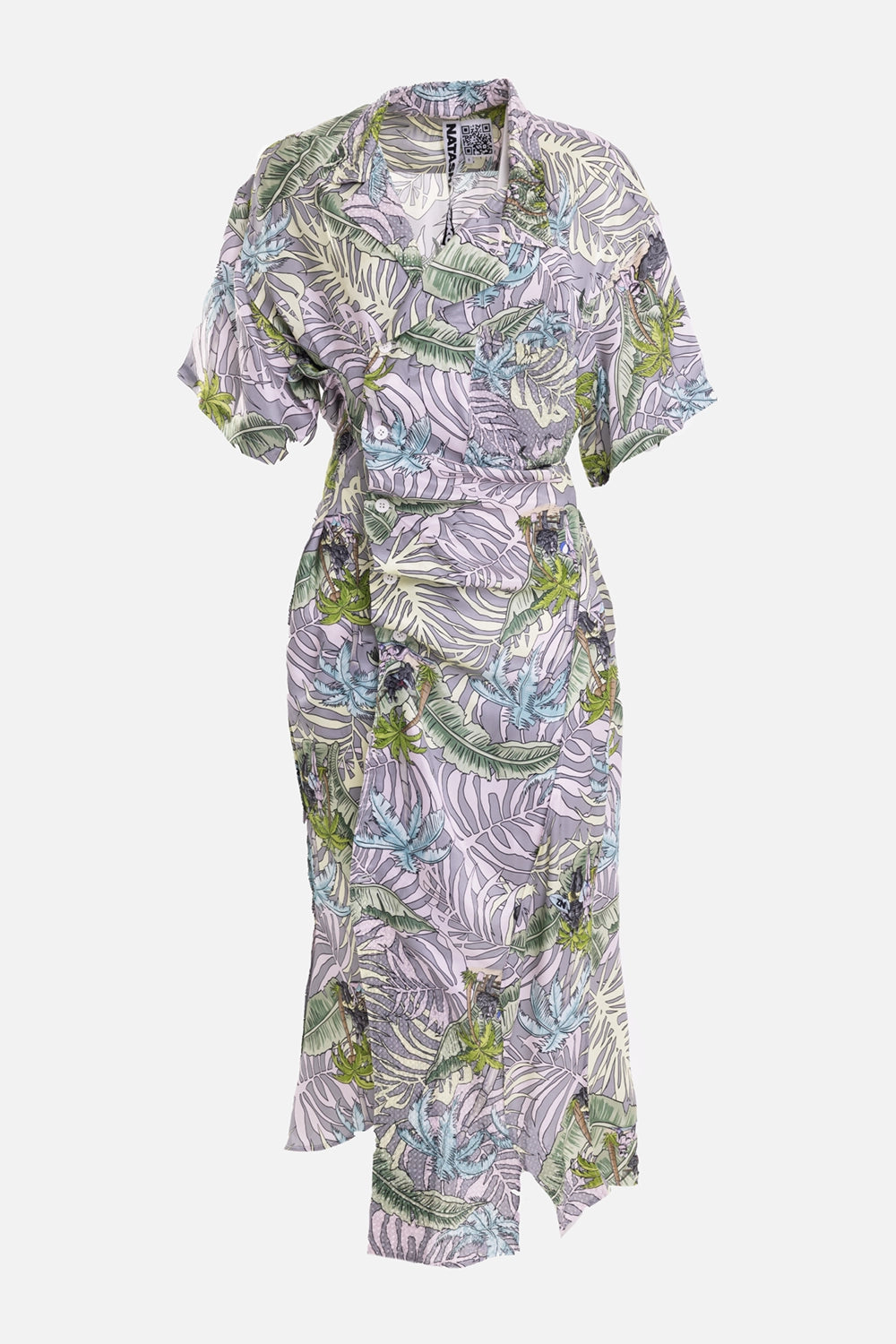 Natasha Zinko women's silk midi dress in multicolour, front view, open collar and wrap-style buttons