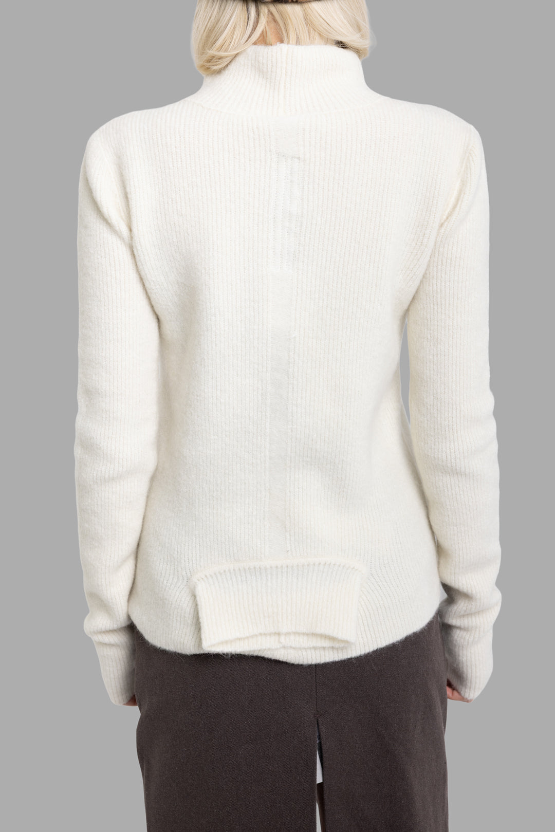 Rick Owens women's milk knit Headon lupetto sweater, back view, vertical rib seam and folded rib panel at hem