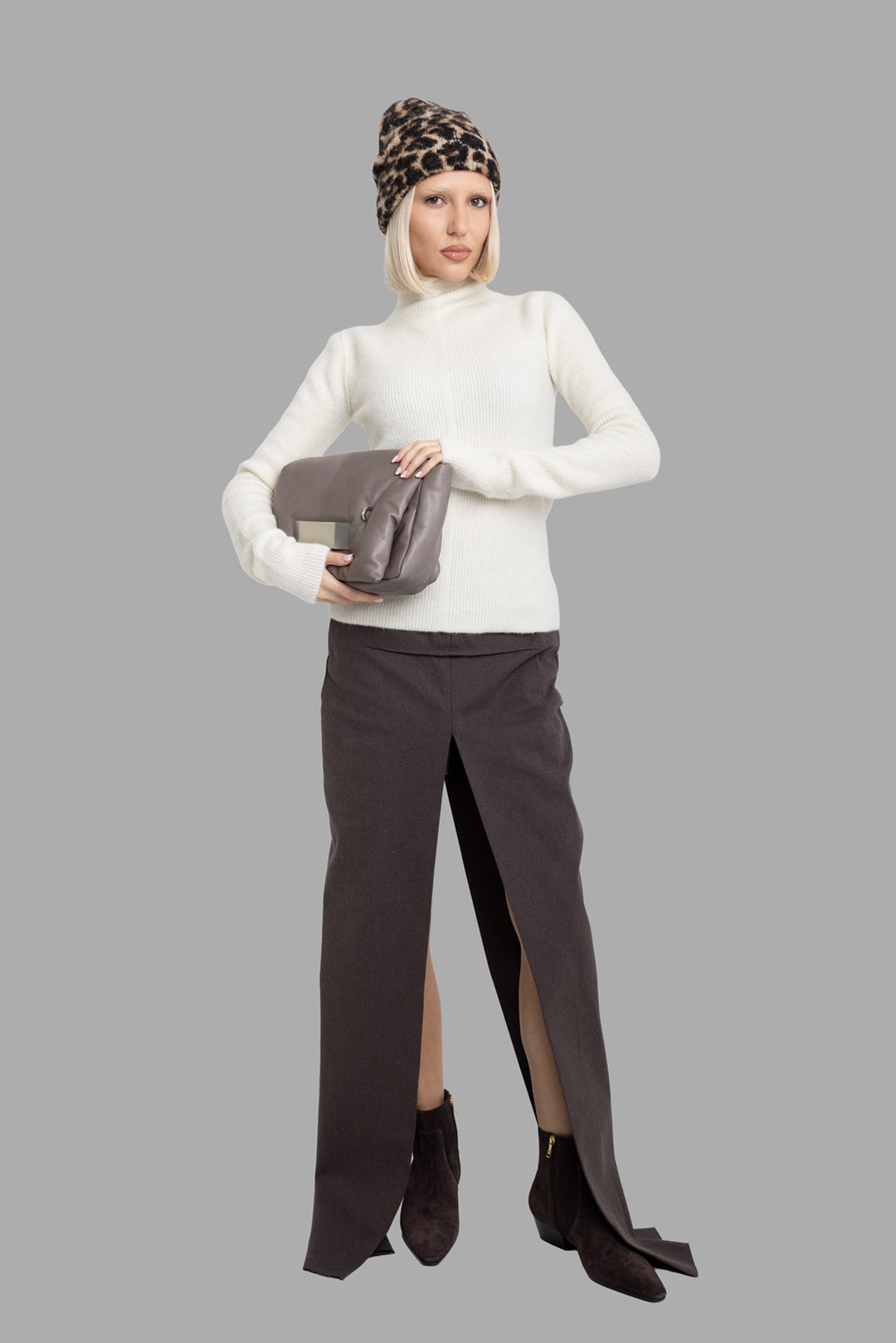 Rick Owens women's milk knit Headon lupetto sweater, on-model full length, ribbed texture with long sleeves and slim fit