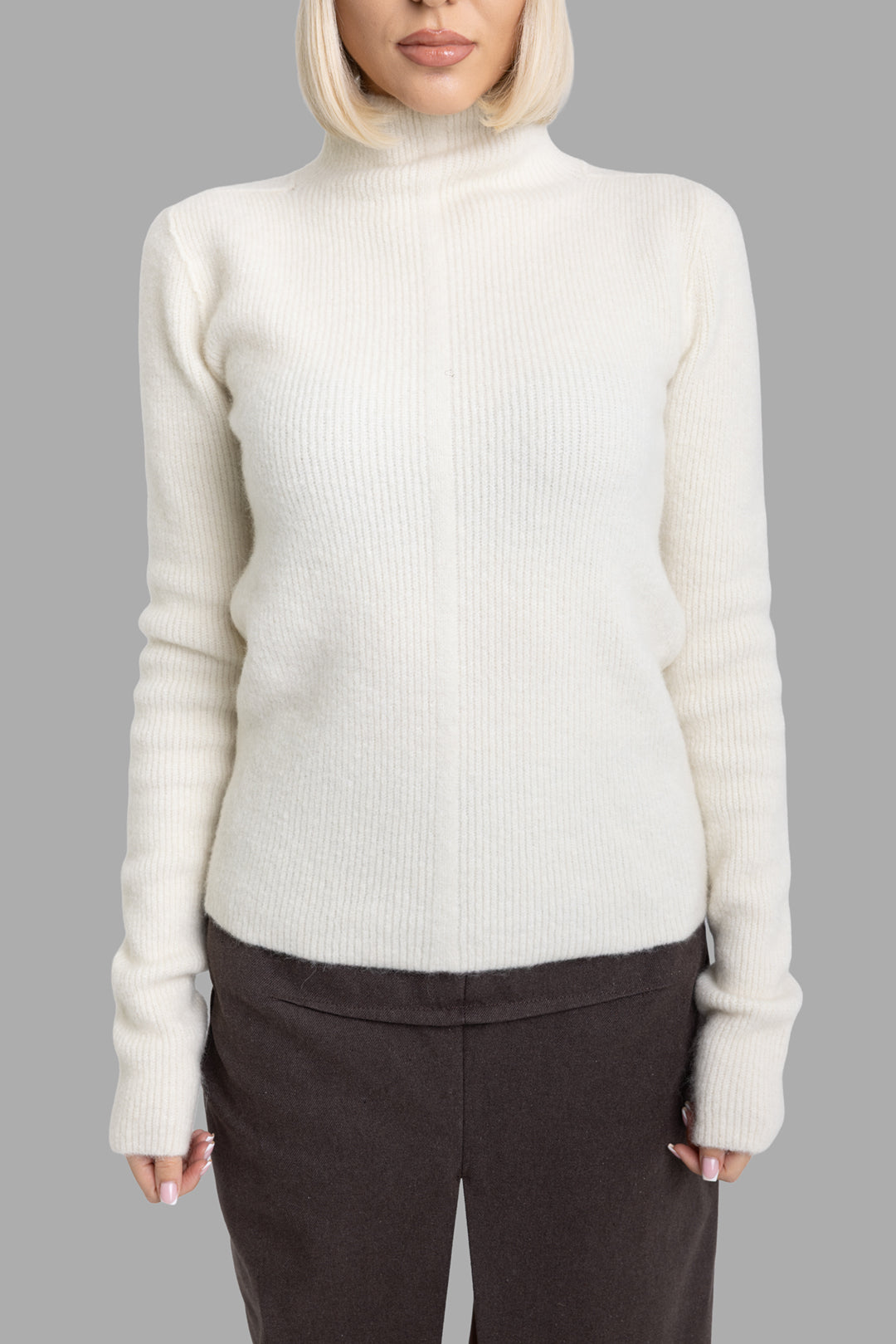 Rick Owens women's milk knit Headon lupetto sweater, front half-length view, high lupetto neck and exposed center seam