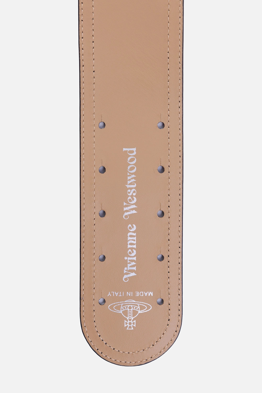 Vivienne Westwood women's Heart Corset belt in black, interior detail with tan leather lining and adjustment holes