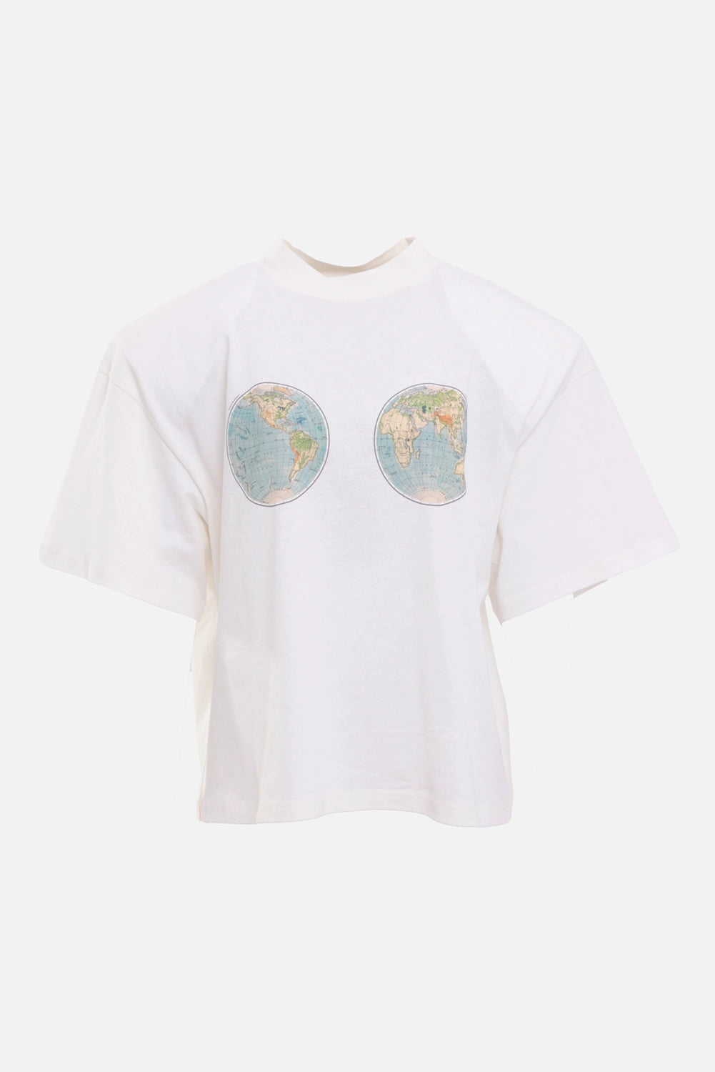 A.W.A.K.E. MODE women's T-shirt in white, front view, twin hemisphere map chest print