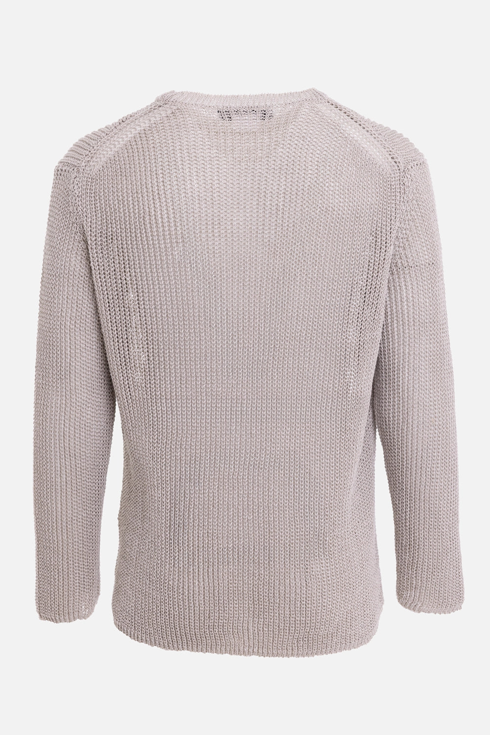 Comme des Garçons men's crewneck sweater in beige, back view, open-knit construction and straight hem