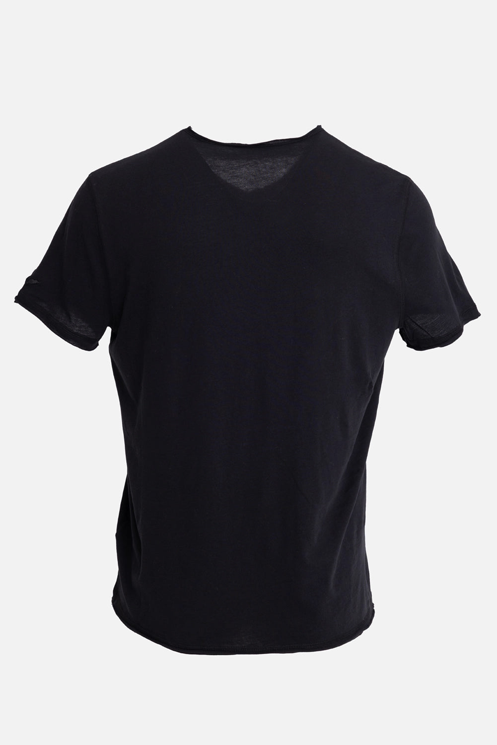 Zadig&Voltaire men's Henley T-shirt in black, front view, raw V neck and tonal button row