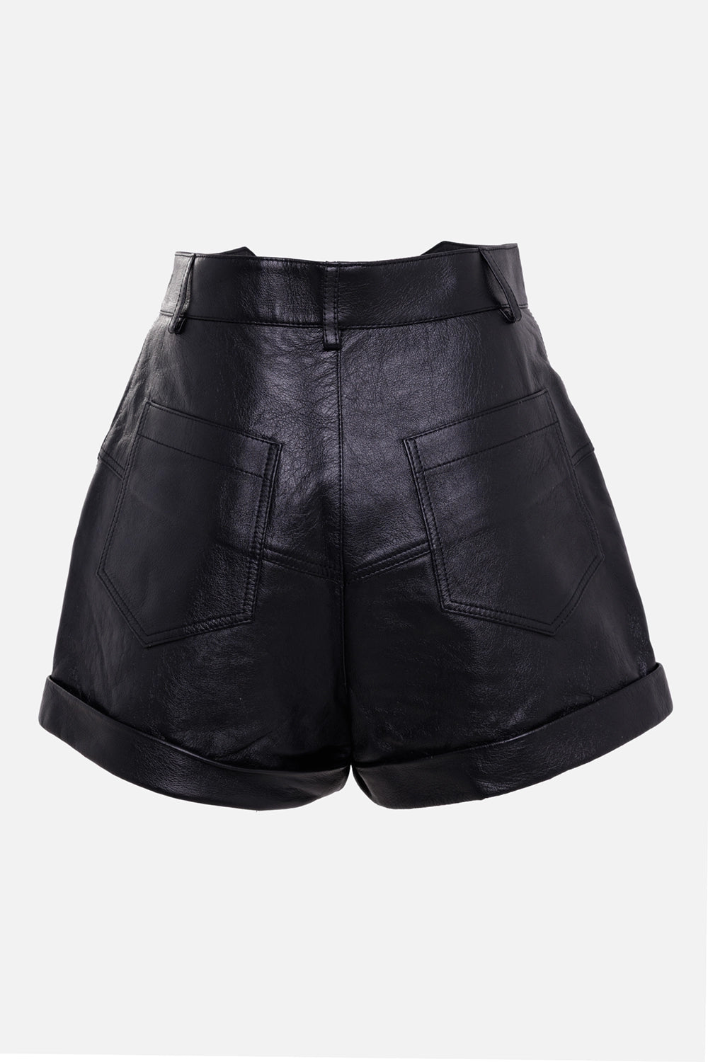 Saint Laurent women's leather shorts in black, back view with patch pockets and turned-up cuffs