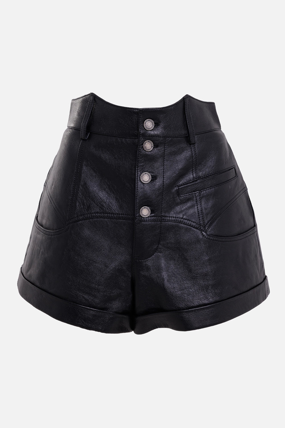 Saint Laurent women's leather shorts in black, front view with four silver buttons, belt loops and curved pockets