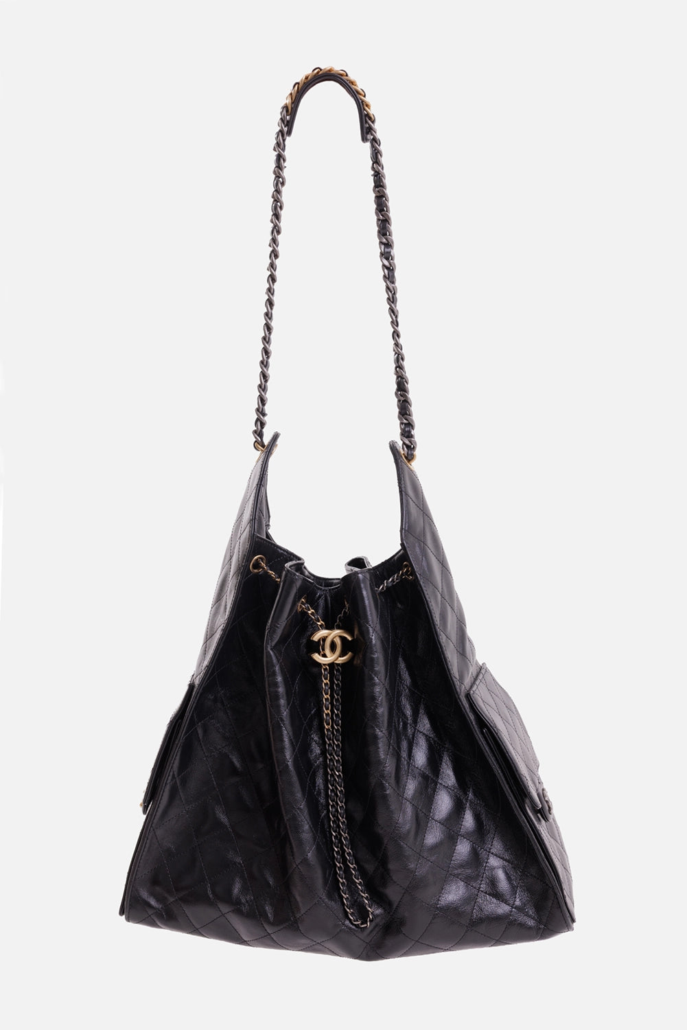 Chanel women's black calfskin hobo bag, front view with diamond quilting, mixed-metal chain and CC drawstring charm