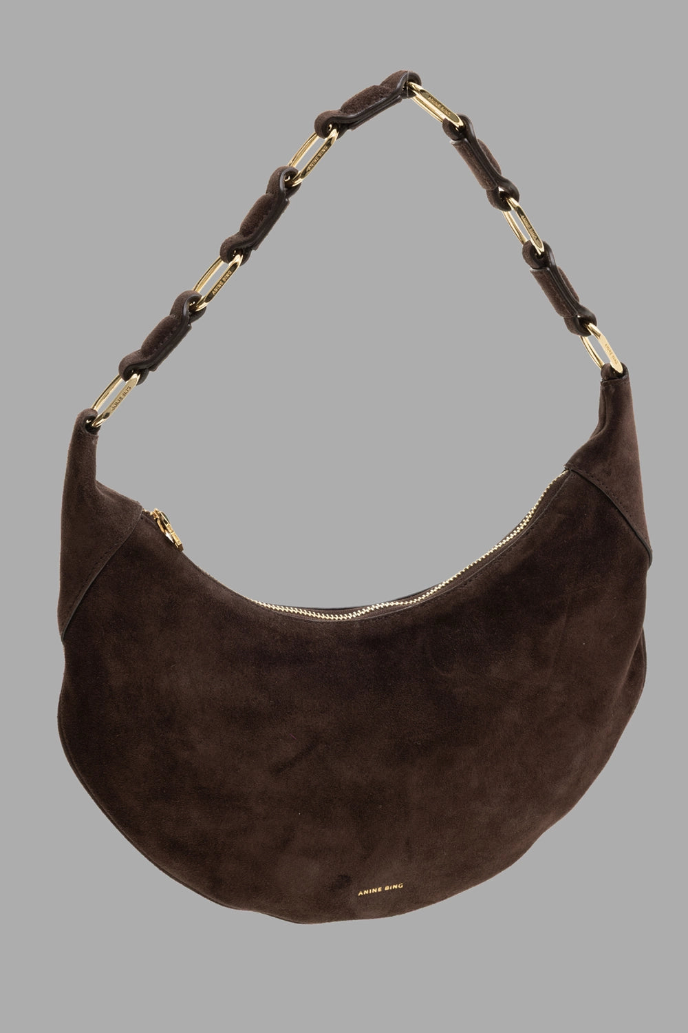 Anine Bing women's hobo bag in dark brown suede, 3/4 view, gold chain-link strap and zip top.