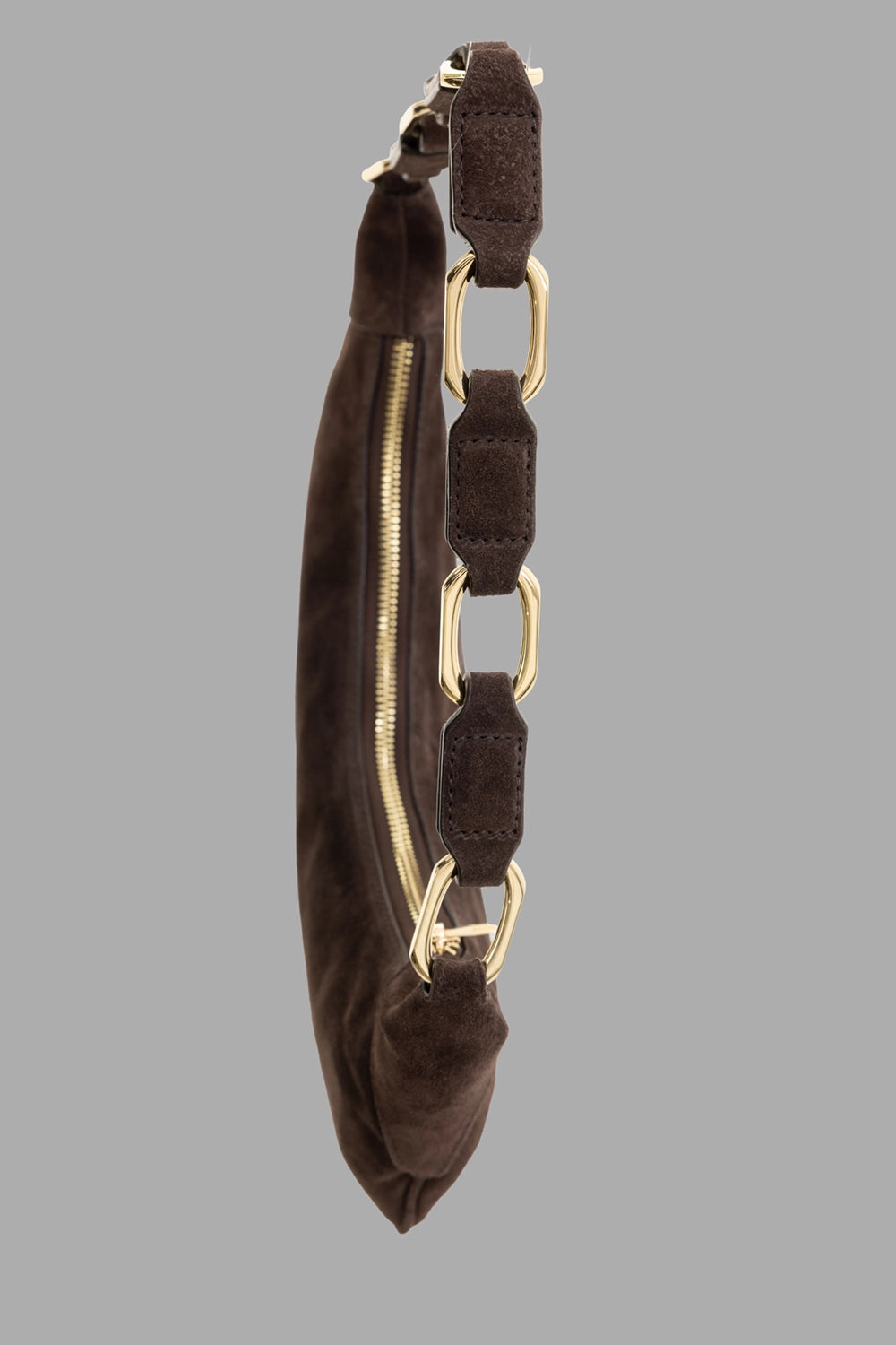 Anine Bing women's hobo bag in dark brown suede, side view, interlocked gold links on strap and zipper detail.