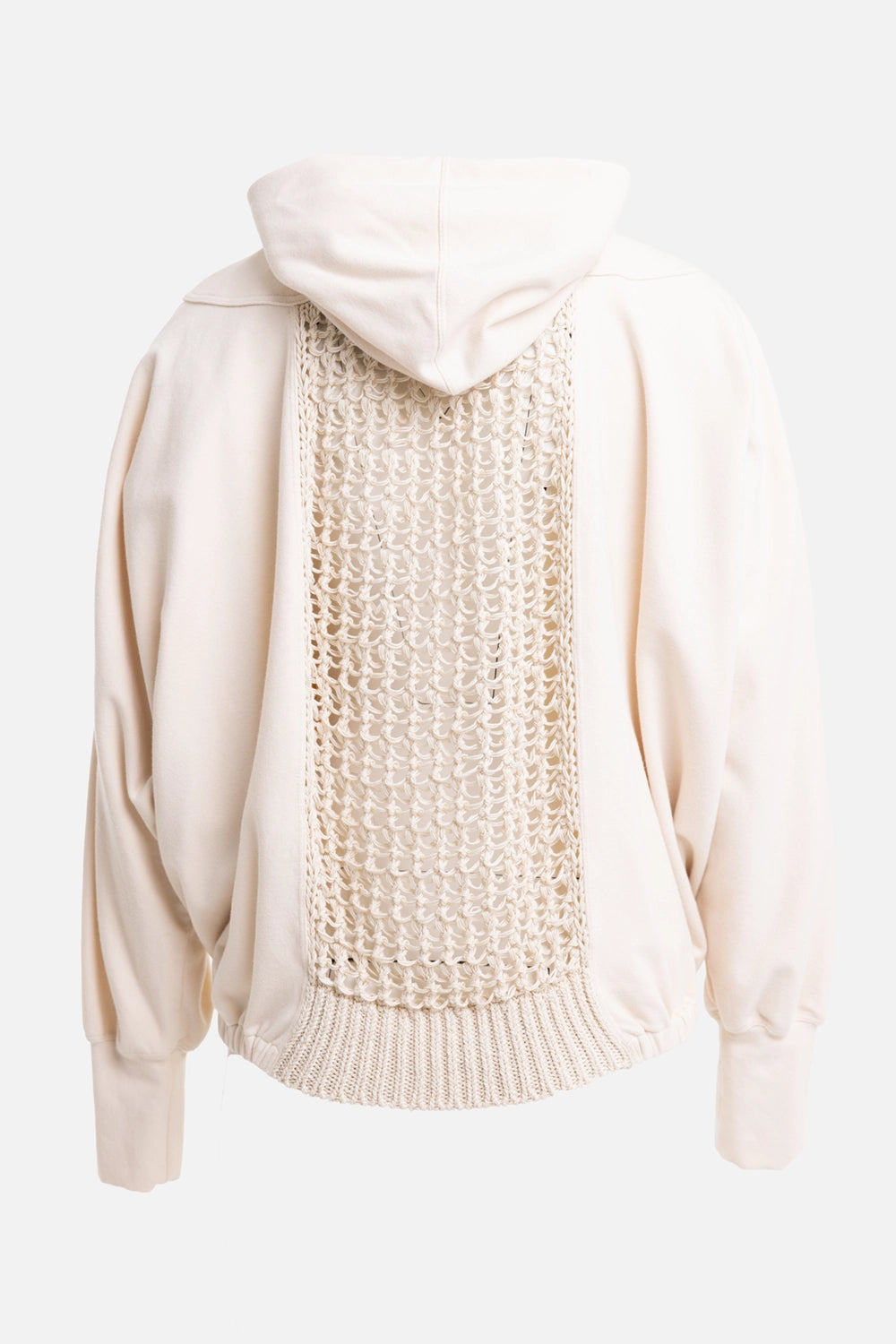 Gentry Portofino women's hooded bomber jacket in ecru, back view, open-knit panel and ribbed back hem