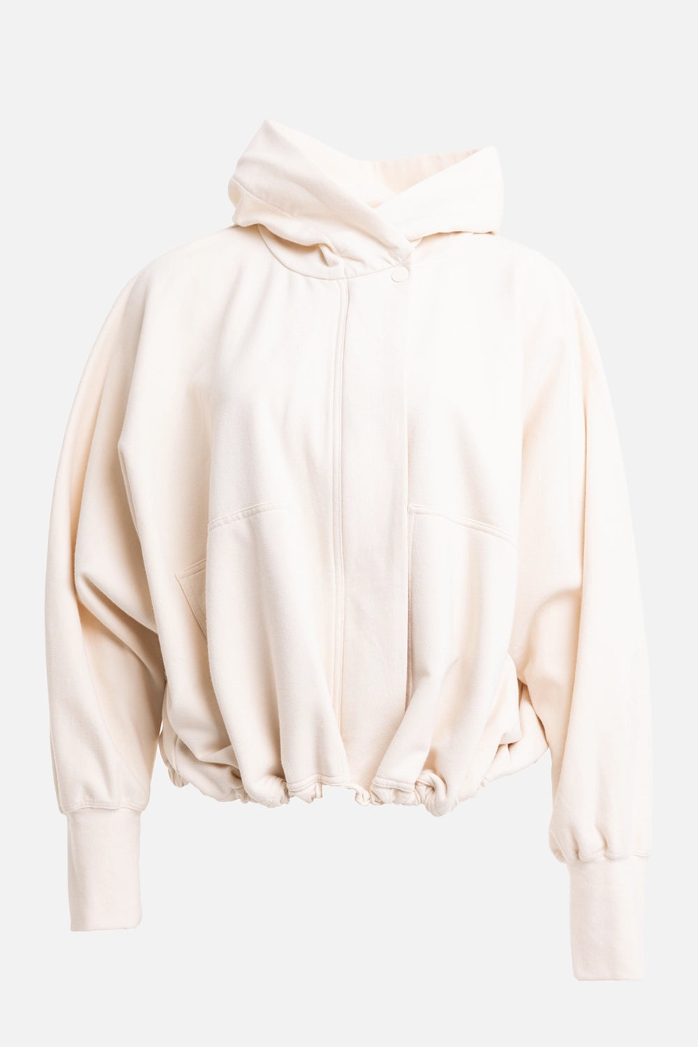 Gentry Portofino women's hooded bomber jacket in ecru, front view, zip closure and drawstring hem