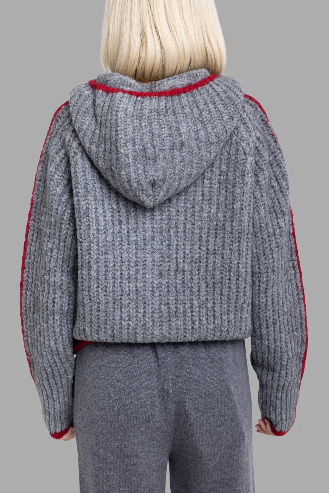 MSGM women's grey hooded cardigan, back view, red contrast stripe along hood and down sleeves.