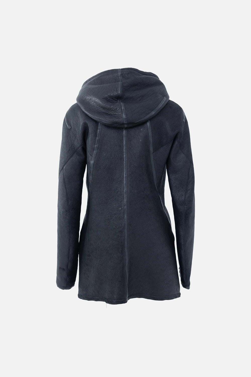 Pre-owned Isaac Sellam leather jacket in black, back view, hooded longline silhouette and panel seams