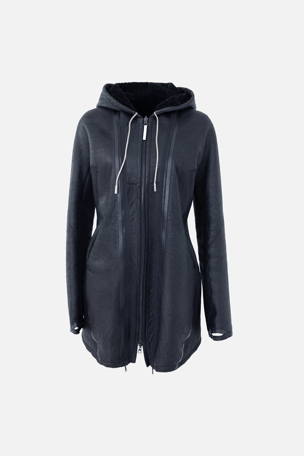 Pre-owned Isaac Sellam leather jacket in black, front view, hood and two-way zip closure