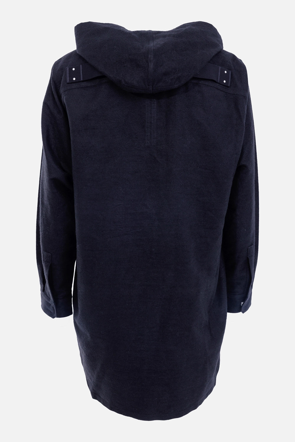 Rick Owens men's black hooded outershirt, back view with oversized hood and shoulder tab details