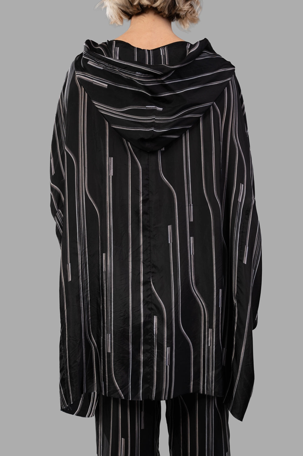 Rick Owens hooded tunic in Black/Pearl, back view, generous hood and rounded hem