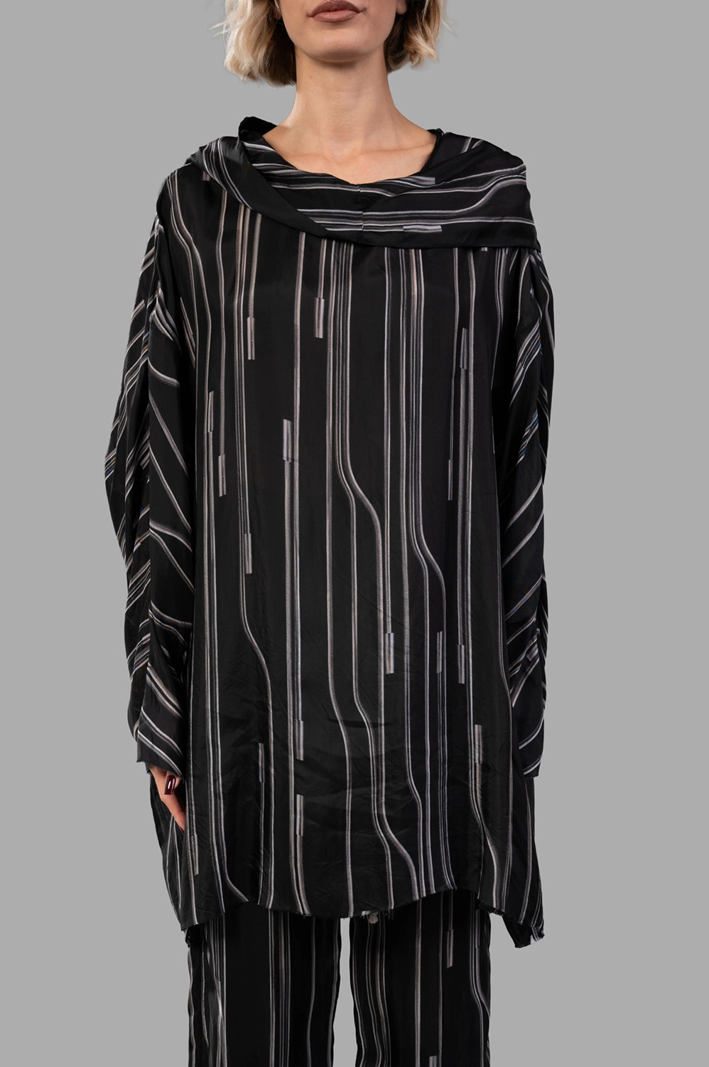 Rick Owens hooded tunic in Black/Pearl, front view, wide square body with cowl hood drape