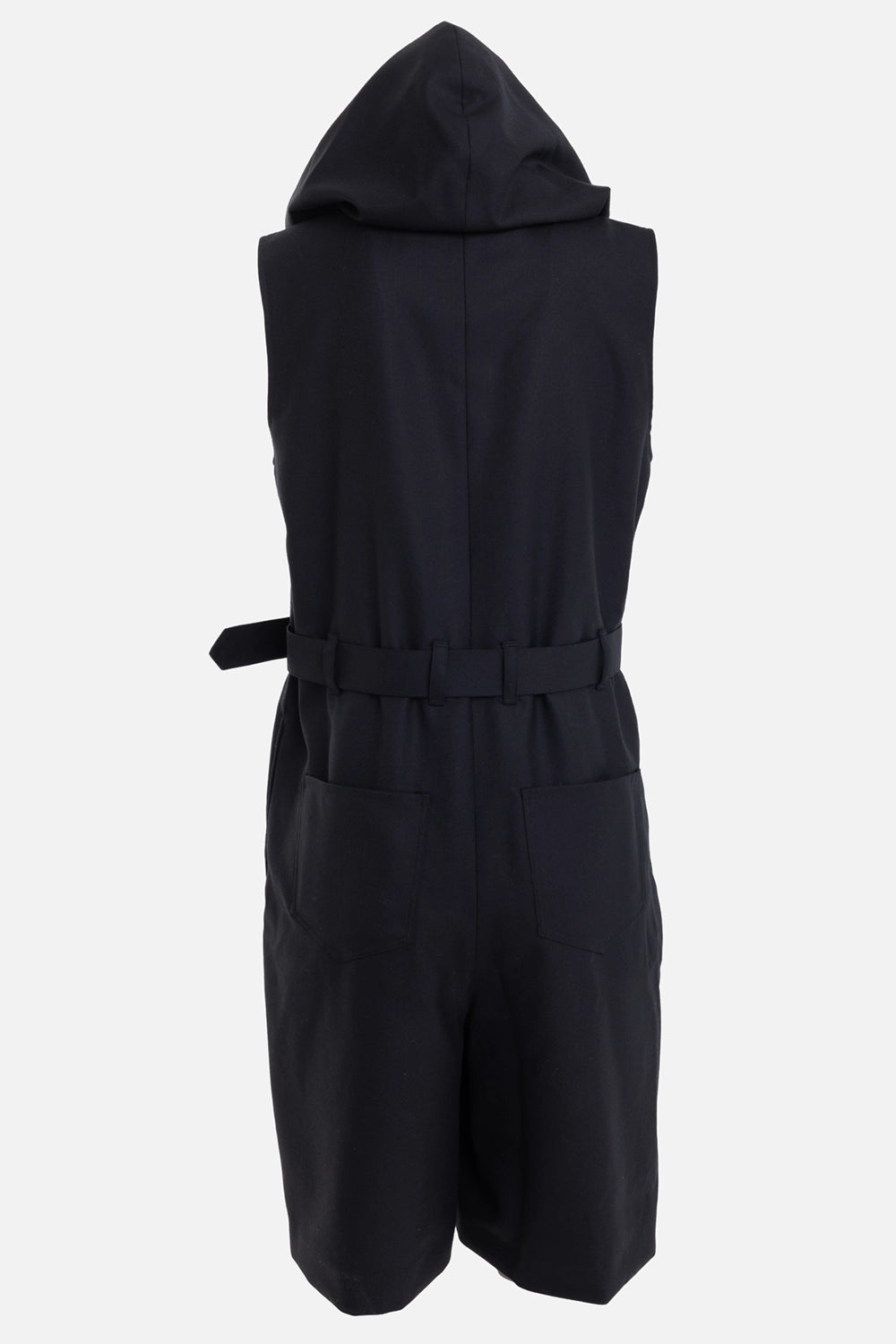 Noir Kei Ninomiya women's jumpsuit in Black, back view with hood, belt loops and rear patch pockets