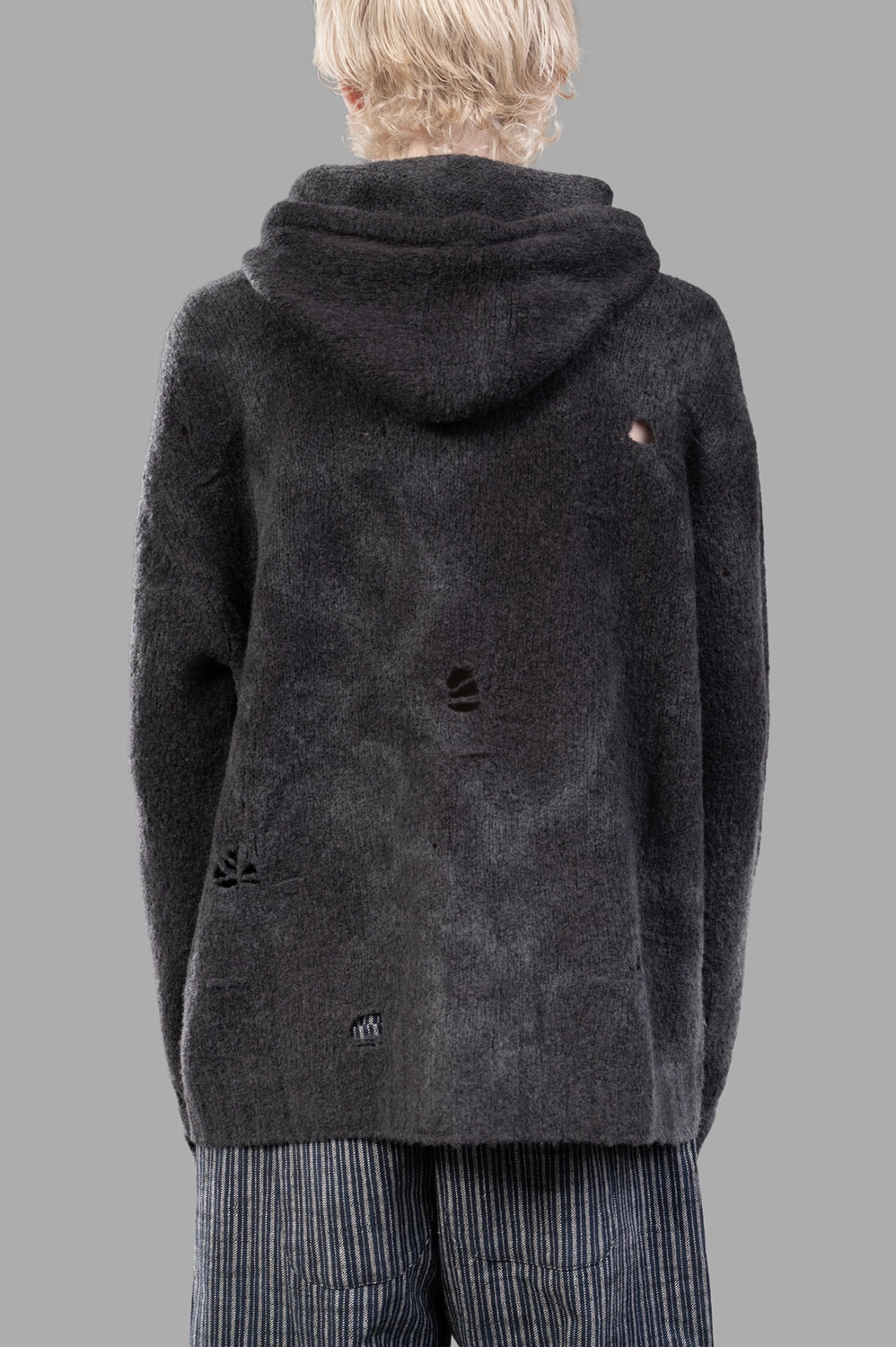 UMA WANG hoodie in dark grey, back view, tie-dye gradient and distressing throughout