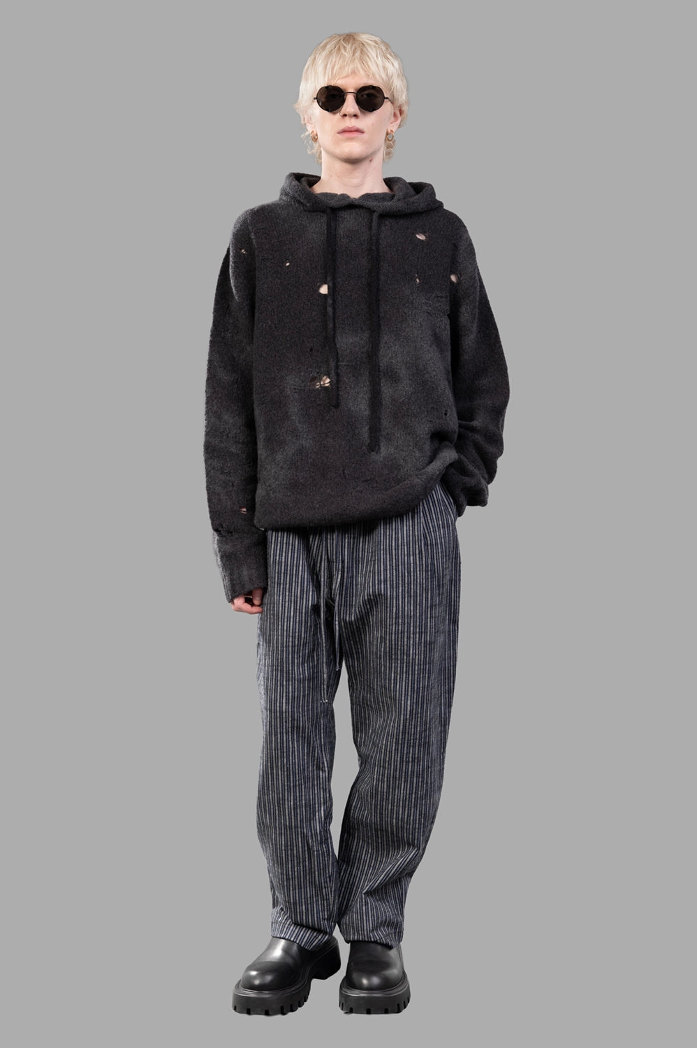 UMA WANG hoodie in dark grey, on-model full length, distressed holes and tie-dye shading