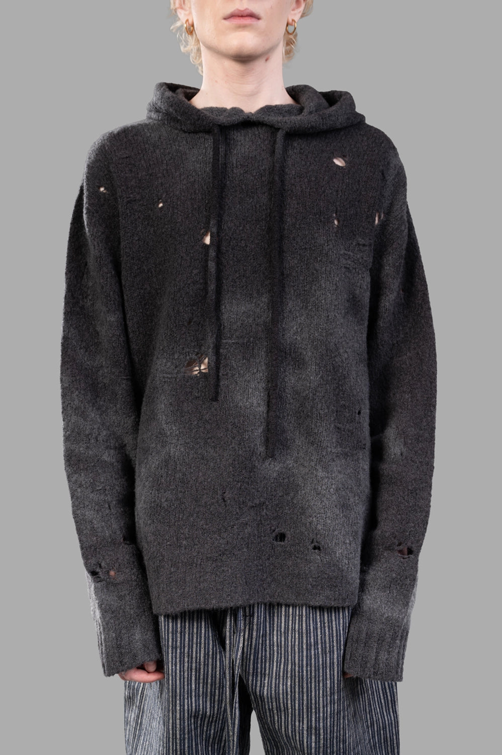 UMA WANG hoodie in dark grey, on-model half length, drawstring hood and long ribbed cuffs