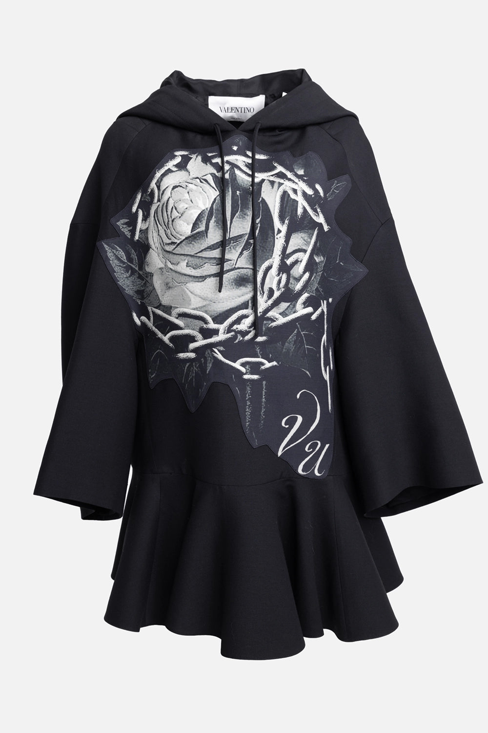 Pre-owned Valentino women’s hoodie dress in black, front view, rose-and-chain graphic with drawstrings and flared hem
