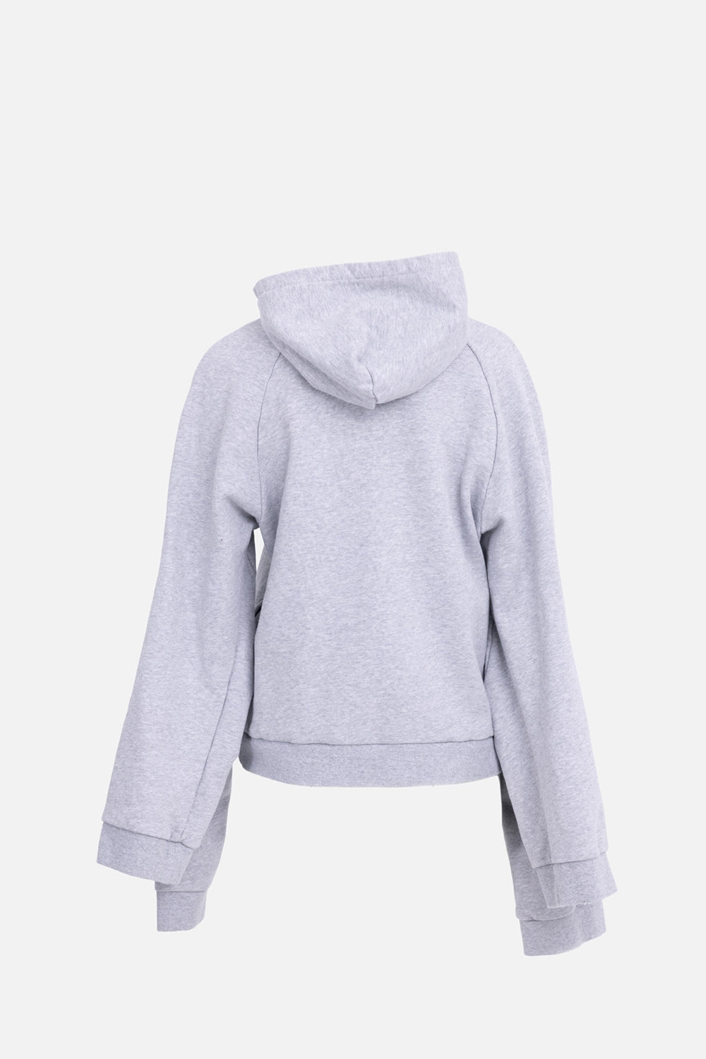 Natasha Zinko women hoodie in grey, back view, clean hood and relaxed oversized silhouette