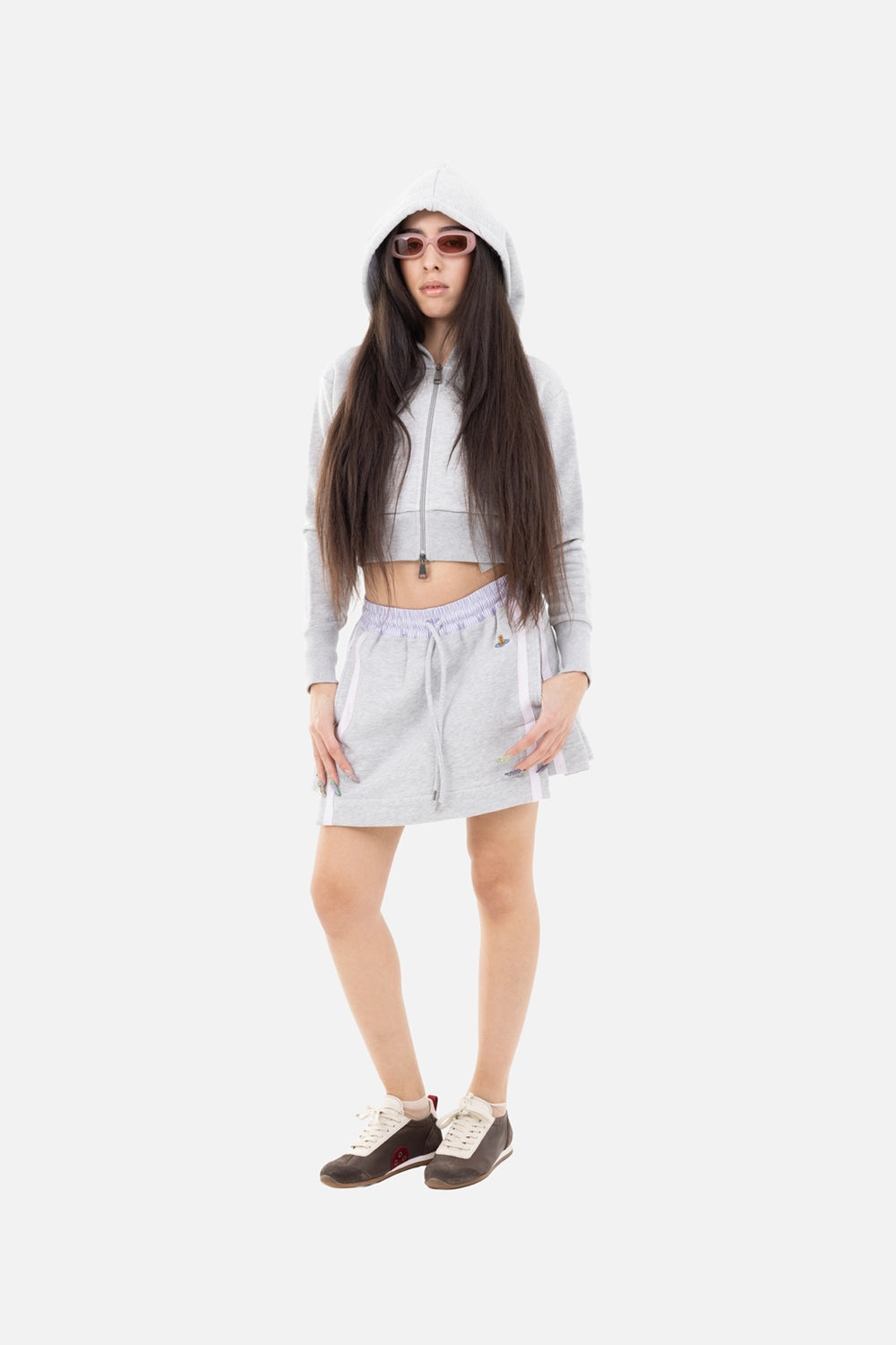 Vivienne Westwood women's hoodie in grey, on-model full-length, cropped double zip front with striped hood lining