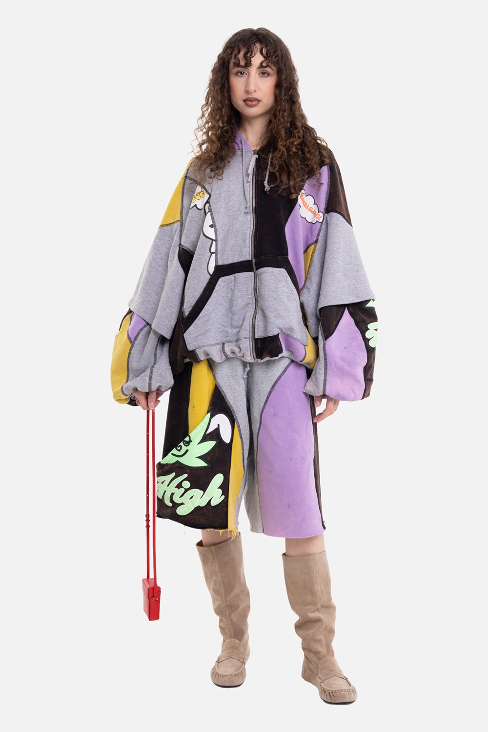 Natasha Zinko unisex hoodie jacket in multicolour, on-model full-length view, oversized wide sleeves