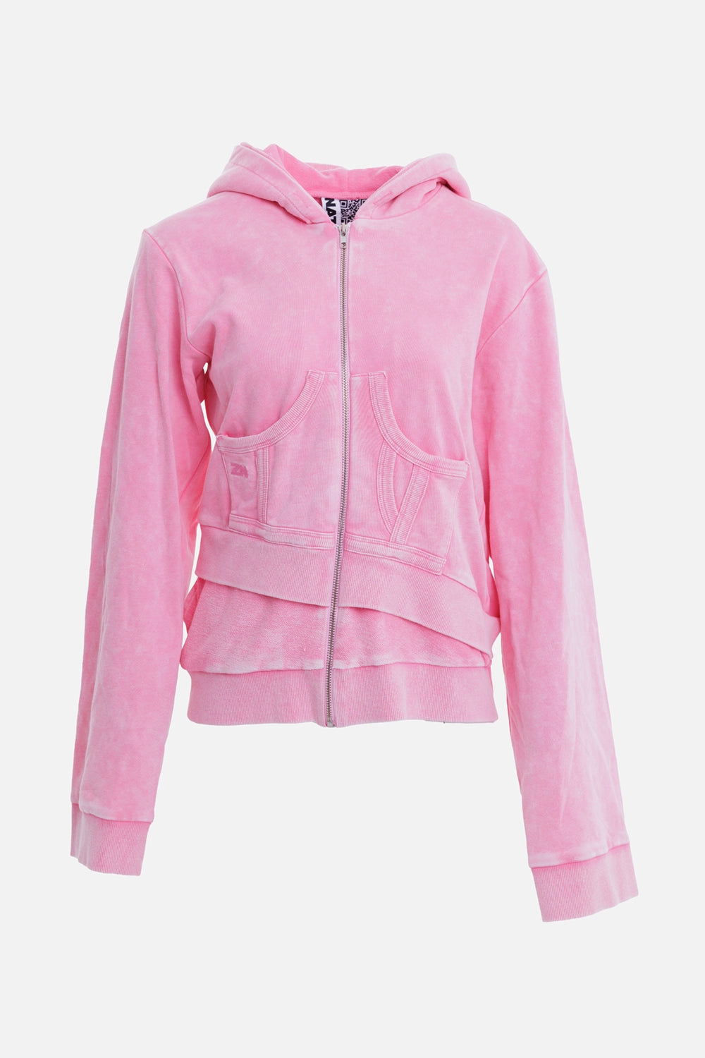 Natasha Zinko women's pink hoodie, front view with double body panels and curved kangaroo pockets
