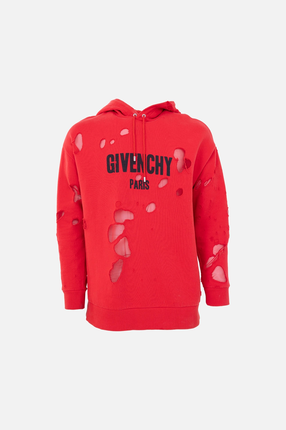 Pre-owned Givenchy hoodie in red, front view, GIVENCHY PARIS logo and distressed cut-outs