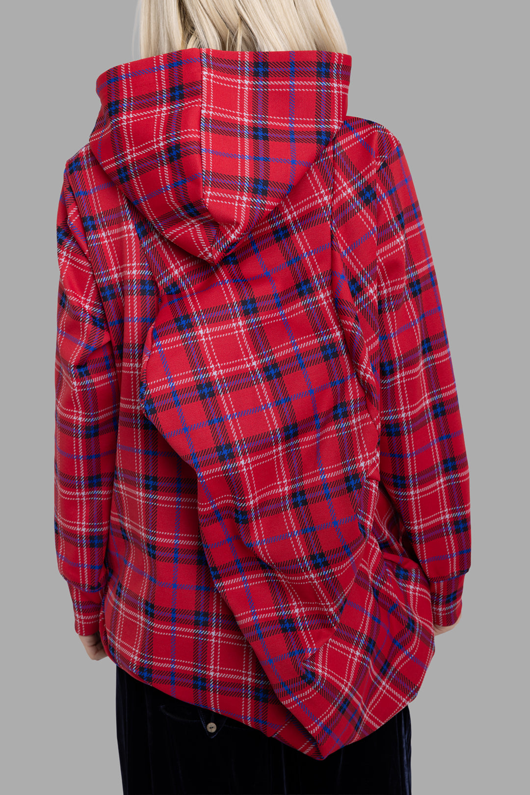 Comme des Garçons women's red tartan hoodie, back view, draped panel detail and relaxed longline silhouette.