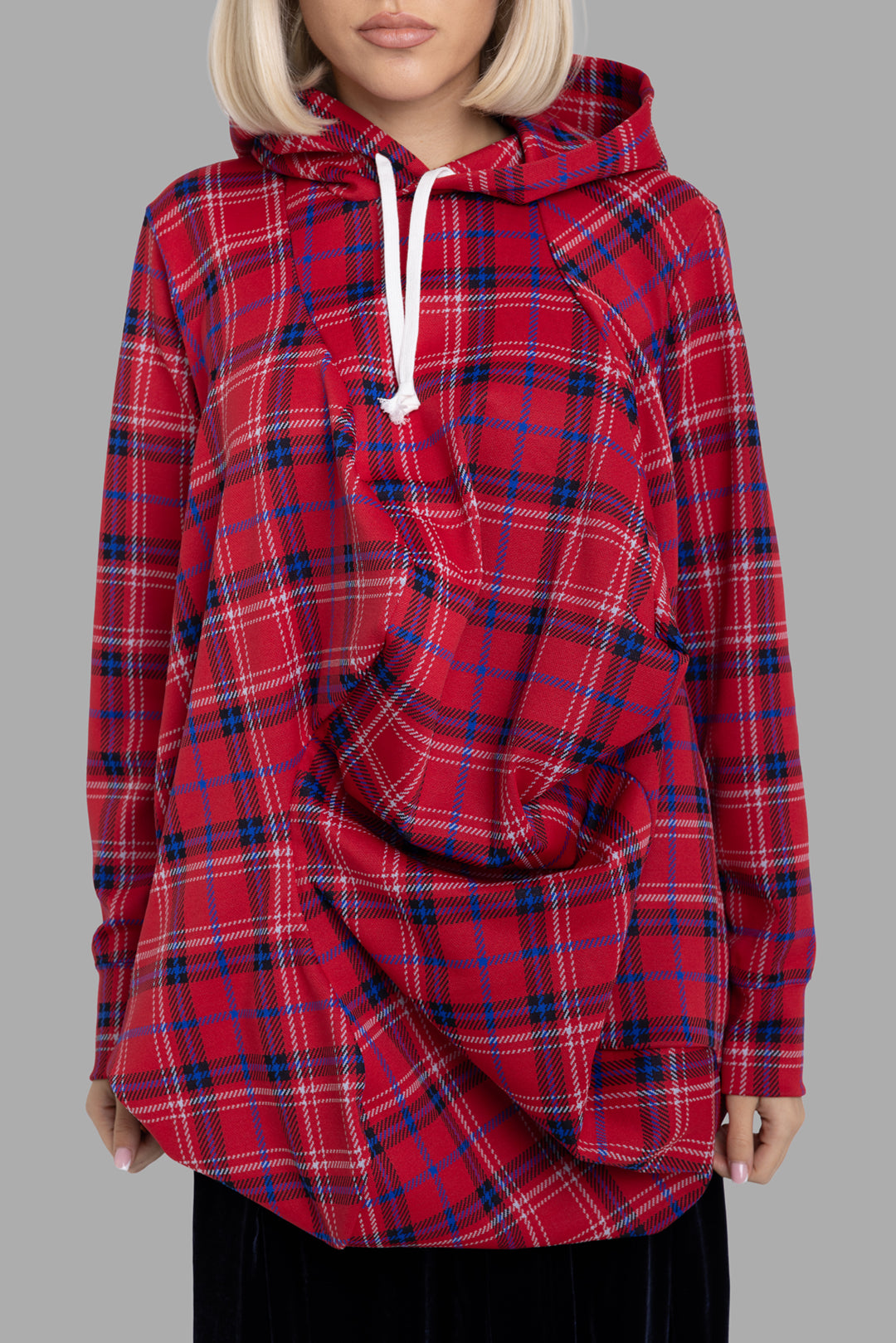 Comme des Garçons women's red tartan hoodie, front view, sculptural central draped panel and long sleeves.