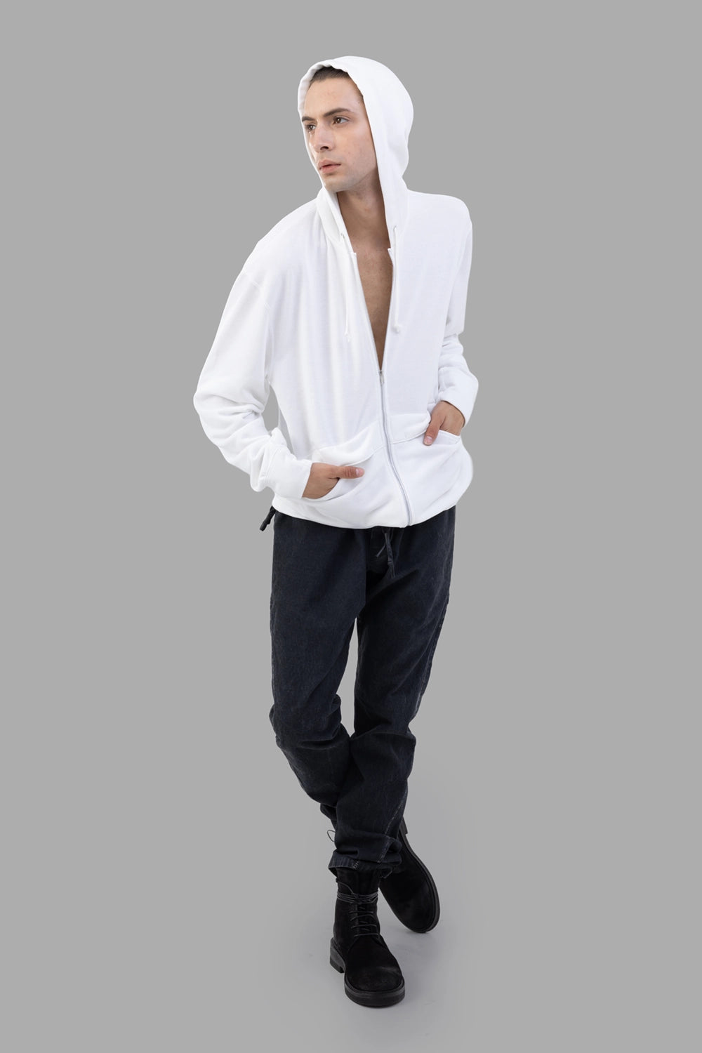 Comme des Garçons white hoodie, full-length on model, drawstring hood and zip front visible