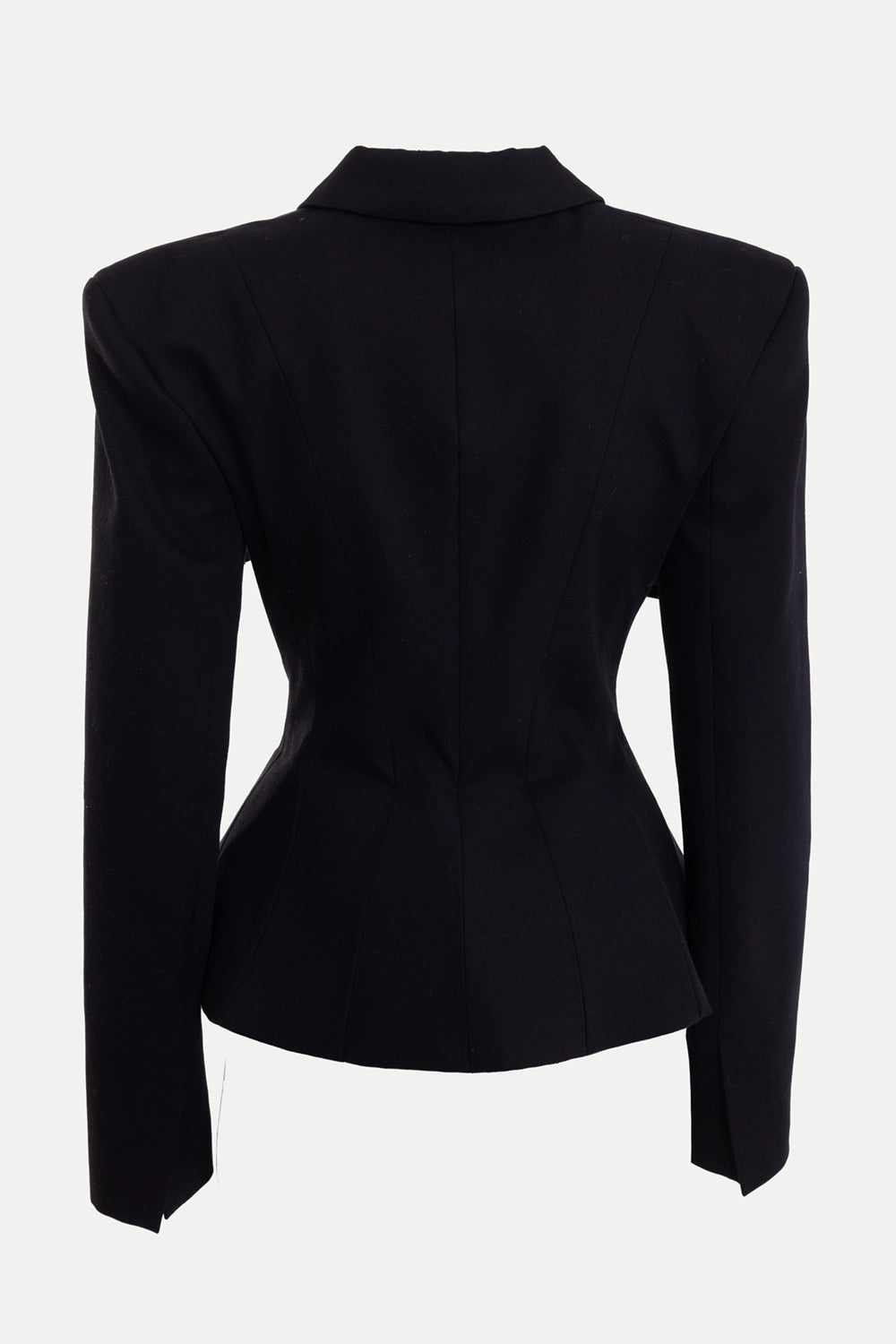 Torishéju women's jacket in black, back view, nipped waist and shaped panel seams