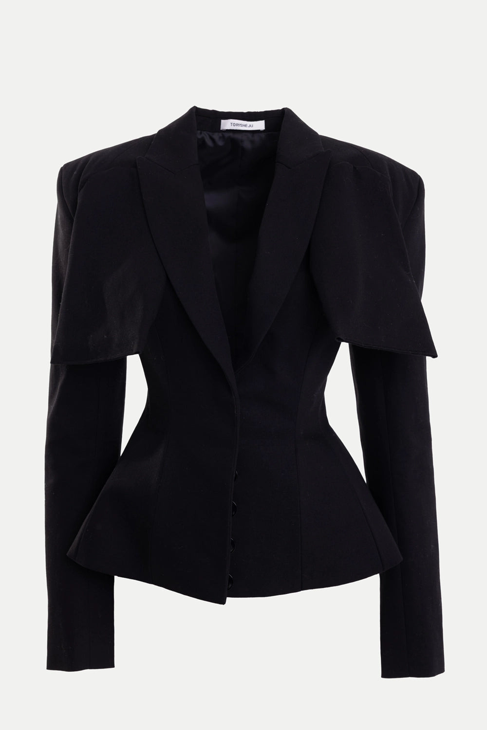Torishéju women's jacket in black, front view, horned shoulder panels and notched lapels