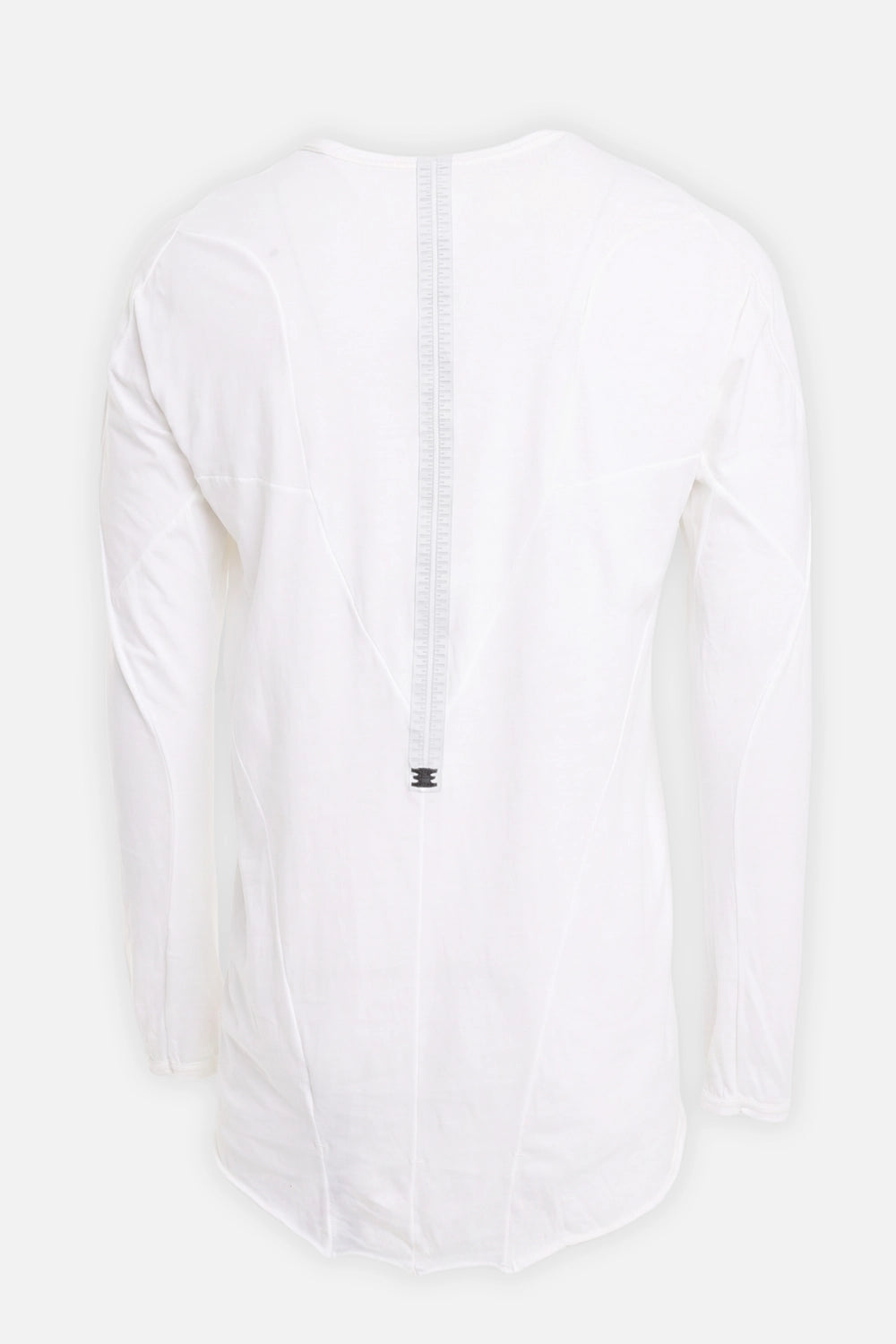 69 by Isaac Sellam men's long-sleeve T-shirt in white, back view with vertical leather spine tab and curved seams
