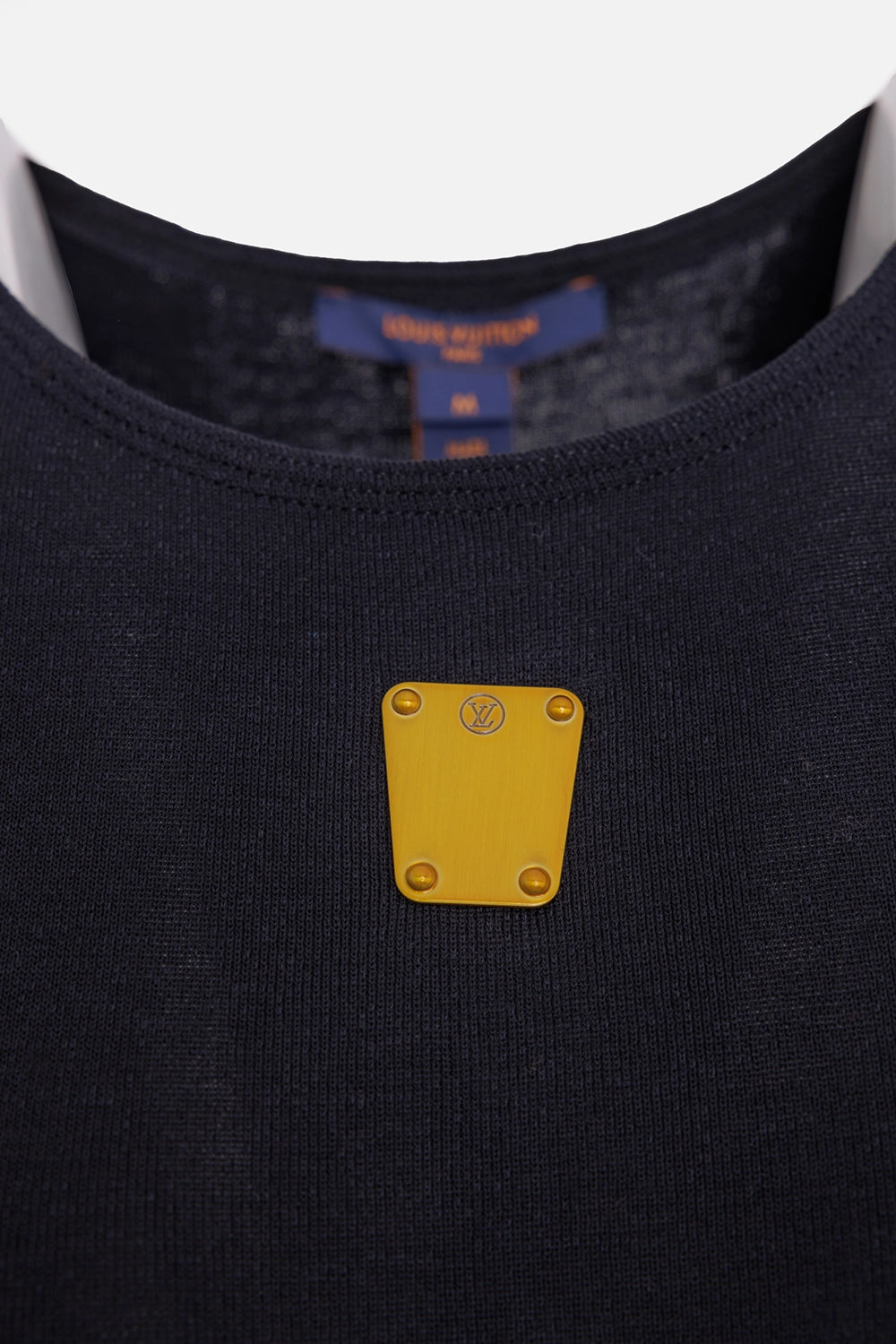 Louis Vuitton women's hybrid draped knit top in black, logo detail, gold LV Circle plaque