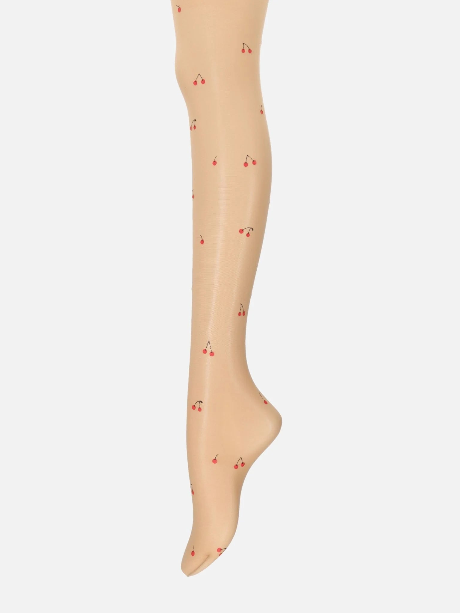 Tabio Tatoo-like Cherry Sheer Tights, side view; red cherries print on 20 denier sheer material, nylon-polyamide blend.