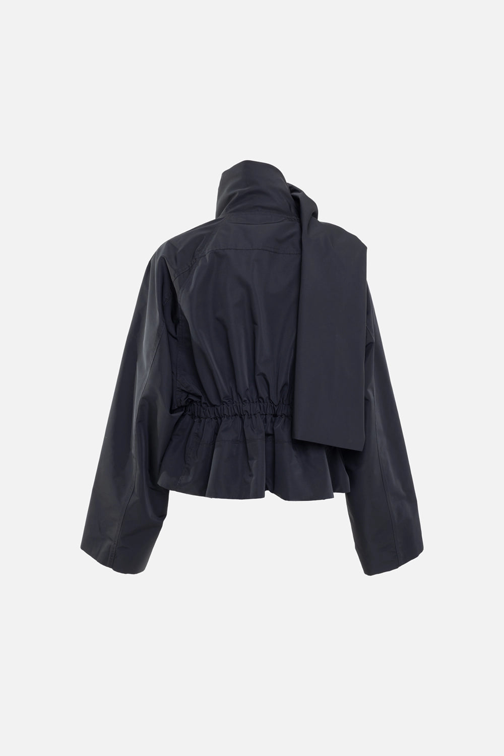 Rick Owens women’s jacket in black, back view, gathered elastic waist with long draped scarf panel