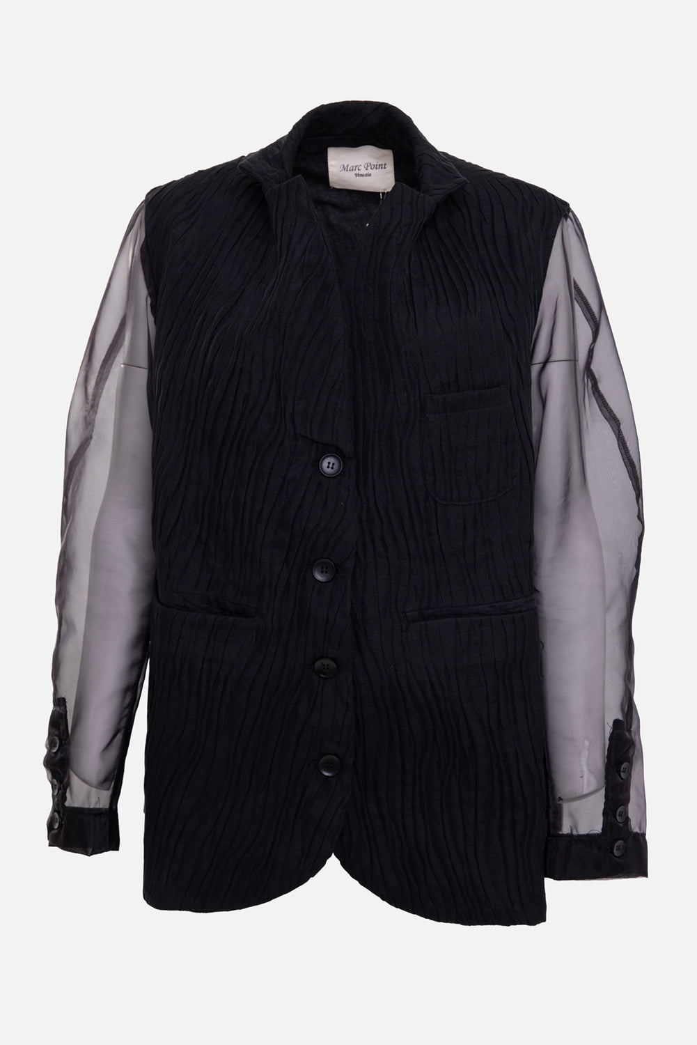 Marc Point Venezia women's jacket in black, front view, crinkled body with sheer sleeves and button front