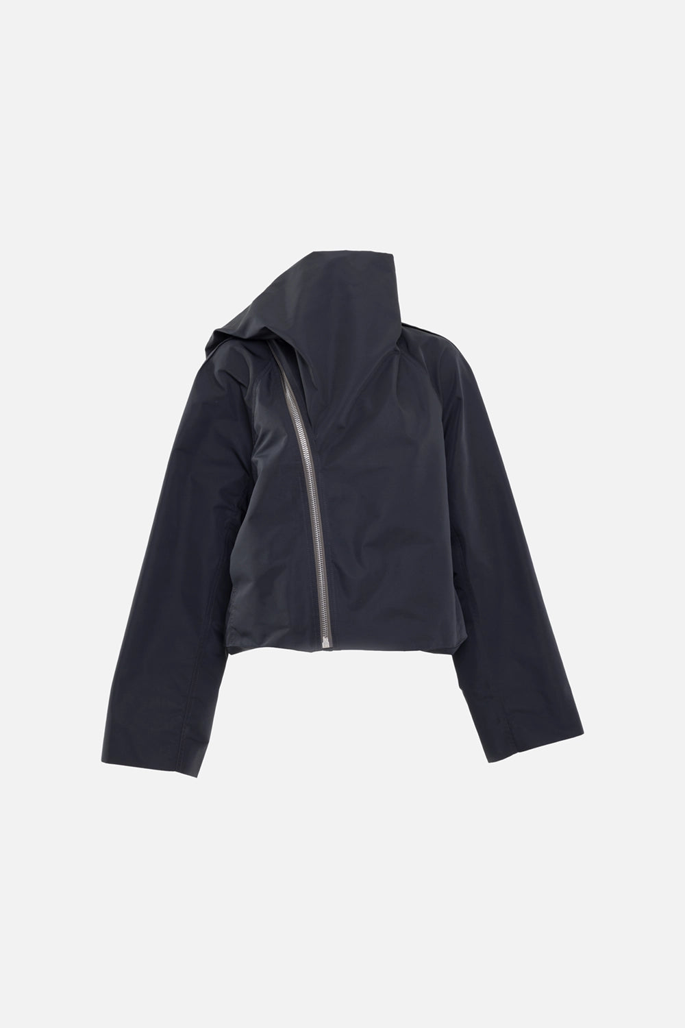 Rick Owens women’s jacket in black, front view, off-centre silver zip with oversized scarf collar panel