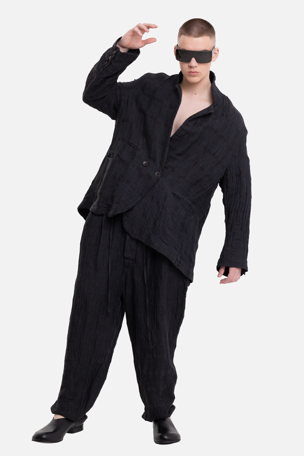 Marc Point men's black jacket, on-model full-length view, oversized fit and double-breasted front